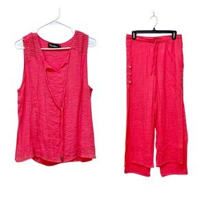 Creation Boutique Pink Crinkle Gauze Matching Set Tank Wide Leg Slit Pants Boho